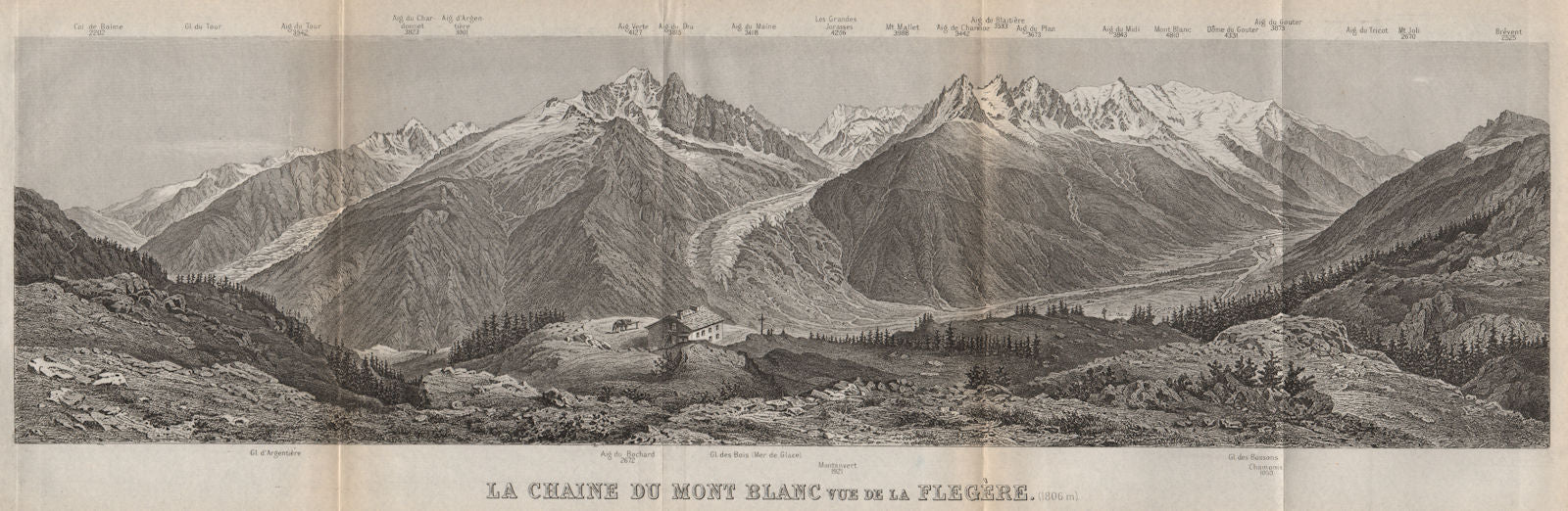 PANORAMA. MONT BLANC MASSIF from FLEGÈRE 1806m. Chamonix. Haute-Savoie 1889 map